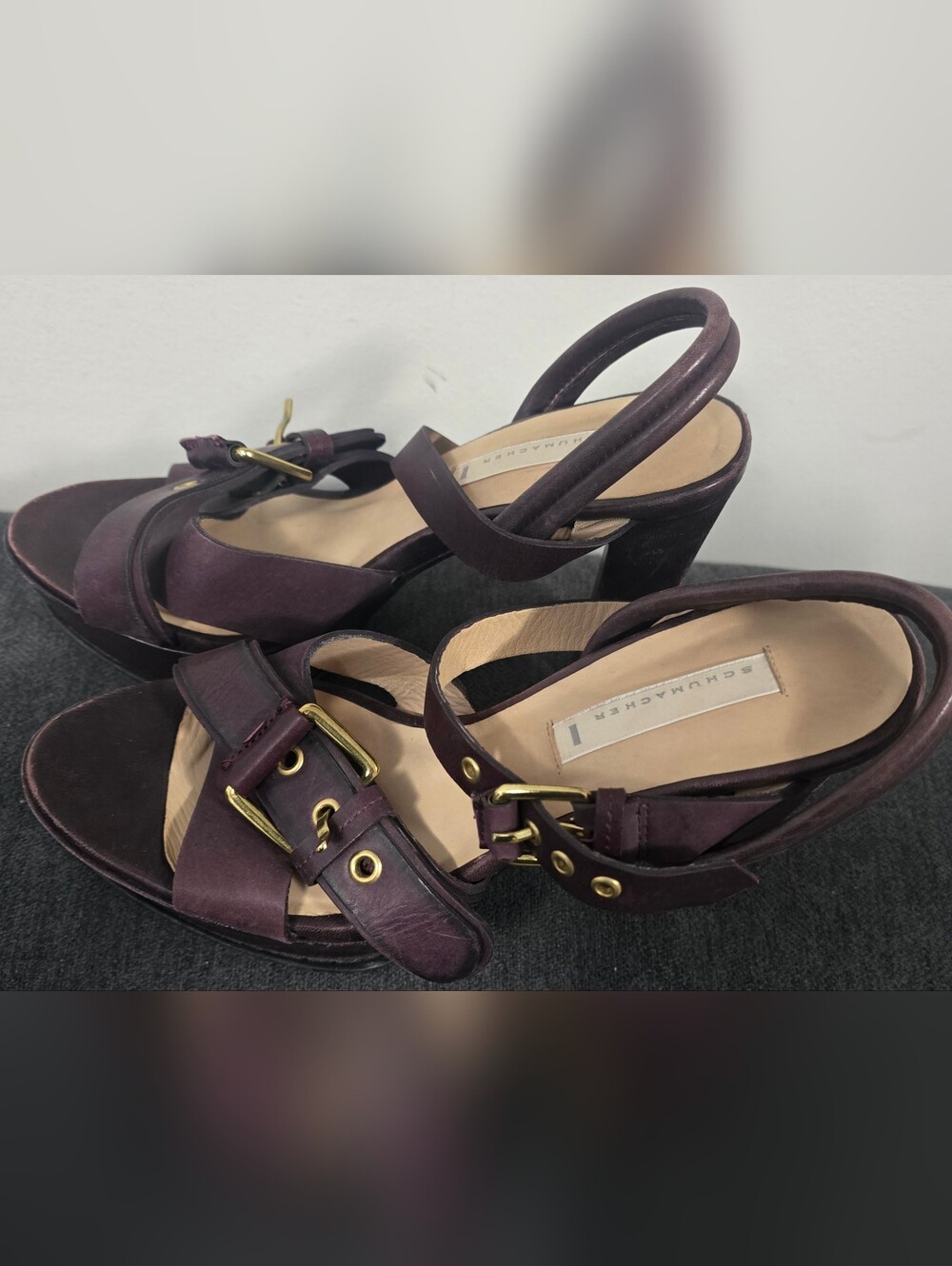 Schumacher Women’s Burgundy Leather Block Heel Sandals